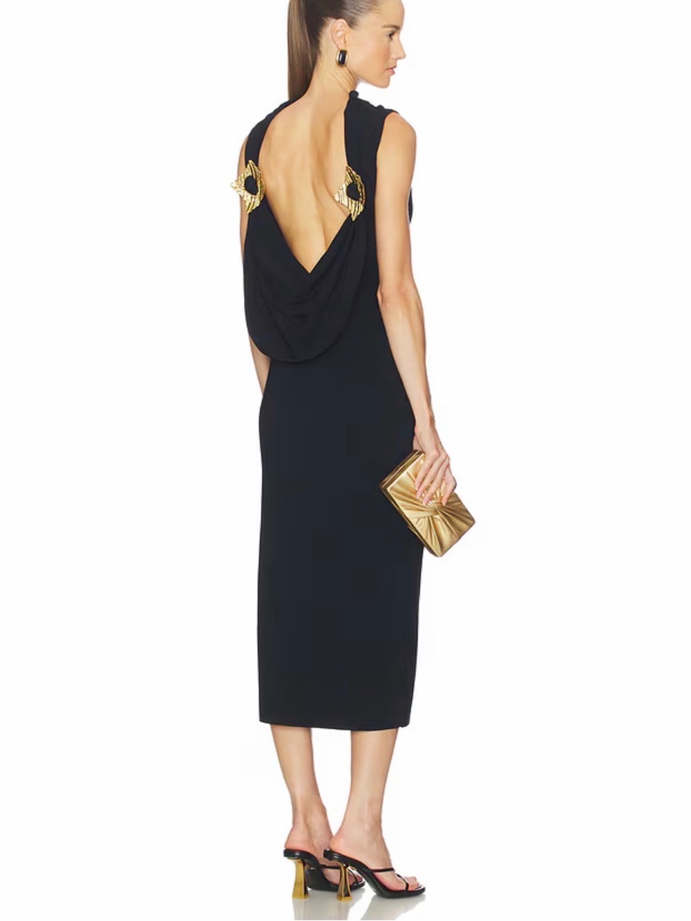 cult gaia Deirdre Dress- Black Backless Draped Midi Dress with Gold Rings
